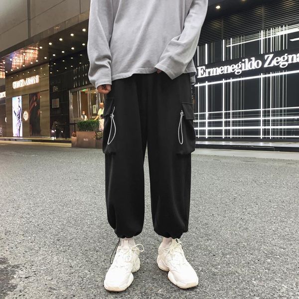 

men's ribbons sreetwear pant casual pants 2021 black pencil pants elastic waist harem joggers ankle-length male trousers sweatpa