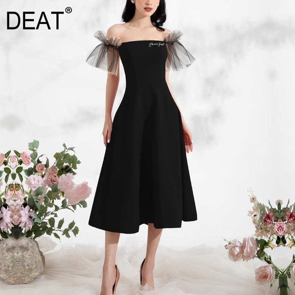

[deat] summer fashion tube high waist card shoulder knee-length net yarn sleeveless dress women 13d116 210527, Black;gray
