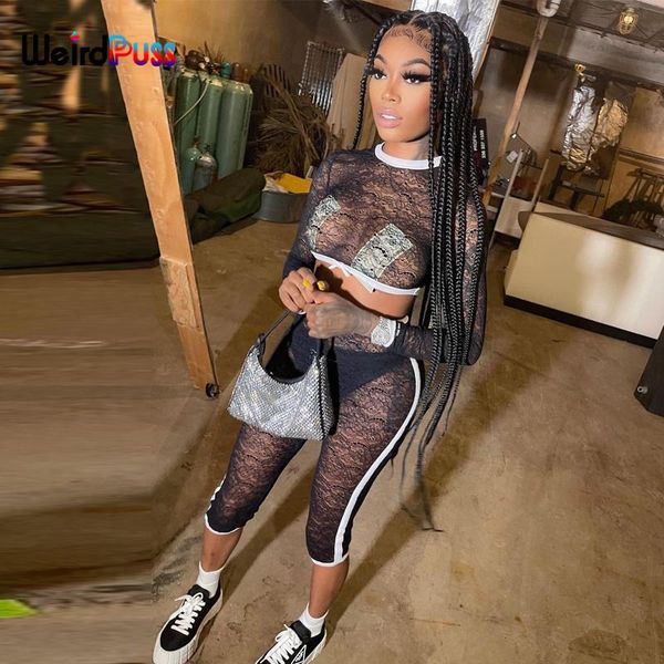 

women's tracksuits weird puss mesh 2-piece sets women summer hook flowers stretchy long sleeve +shorts matching streetwear skinny o, Gray