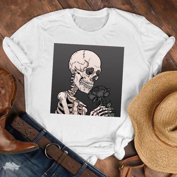 

women lady cartoon funny skull valentine 90s fashion fashion shirt clothes tshirt female print t tee womens graphic t-shirt, White