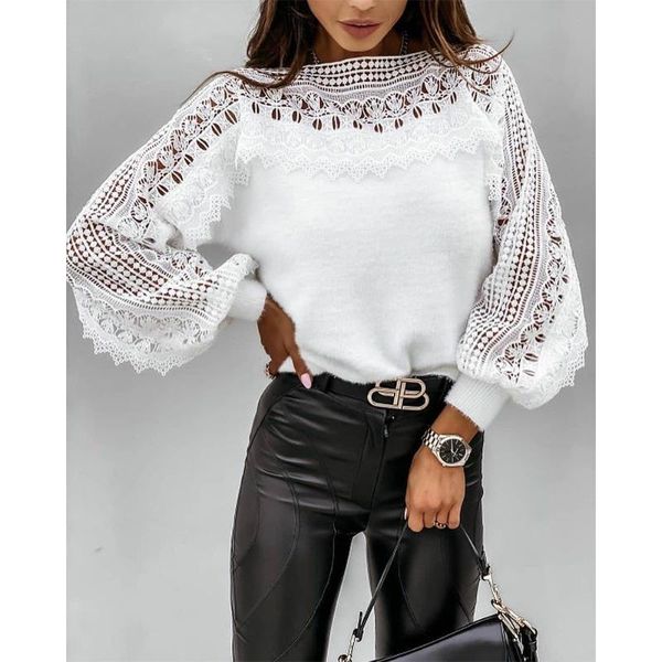 

white black autumn winter 2021 women's lace hollow out splicing lantern sleeve slash neck sweater