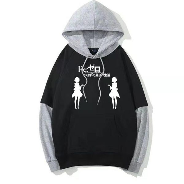 

men's hoodies & sweatshirts 2021 japanese print re:zero -starting life in another world loog sleeve fake two pieces hoodie sweatshirt m, Black