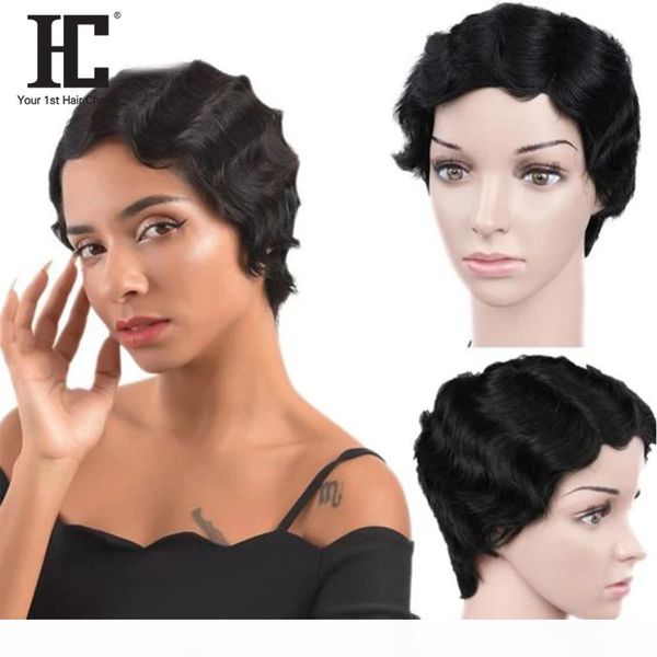 

short lace front human hair wigs brazilian finger wave wig ocean wave pixie cut lace wigs lace part human hair wigs hc 6525b, Black;brown