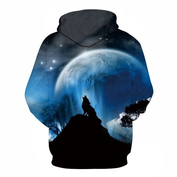 

night sky moon wolf tid0e hoodie 3d digital print pullover, Black