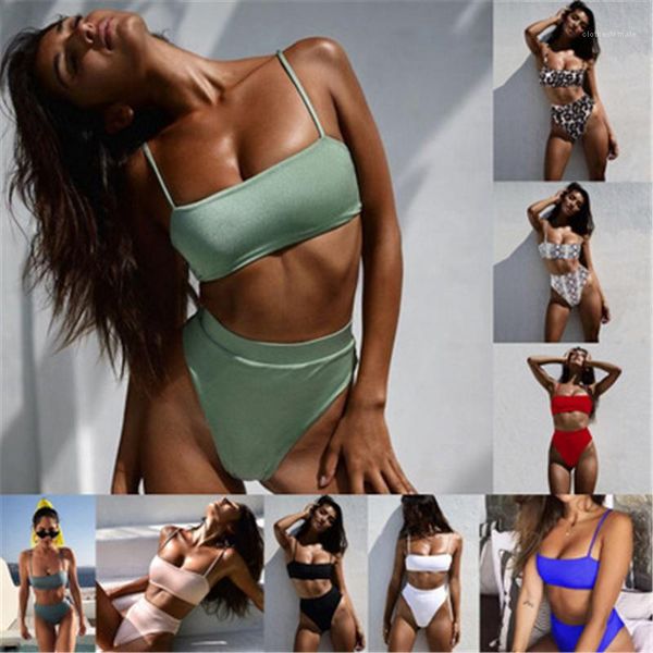 

split bikini swimsuit summer female casual high waist bikini womens solid colors sling swimwear fashion trend gather chest bras briefs, White;black