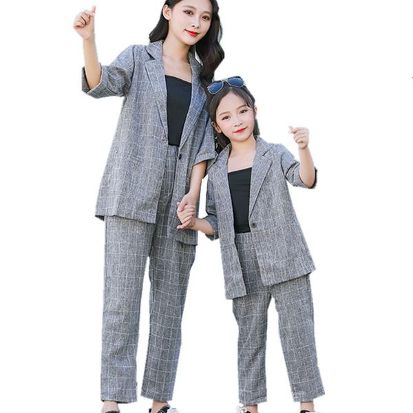 

2021 new nice mother and daughter blazer jacket shorts 3 vest pieces gray suit pink cotton sisters matching clothes peit, Blue