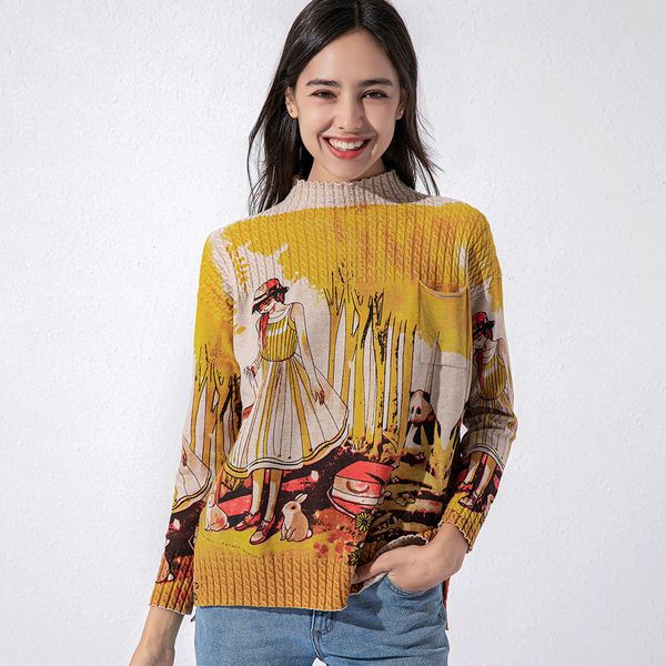 

2021 femme winter autumn new women o-neck  female landscape painting pullover women's sweater xmgl, White;black