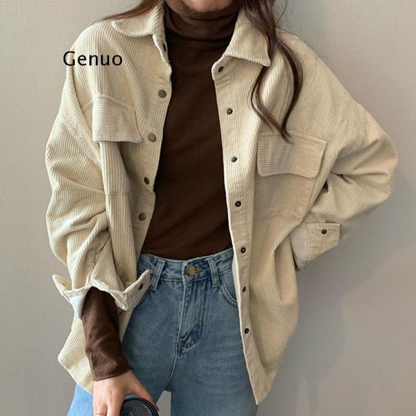 

women's jackets spring women solid corduroy shirts full sleeve turn-down collar oversize coats casual autumn basic outwear, Black;brown