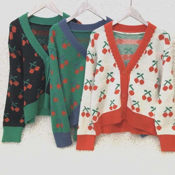 

women's knits & tees vintage knitted cardigans sweater korean cherry print long sleeve women sweaters patchwork knit single-breasted o, White