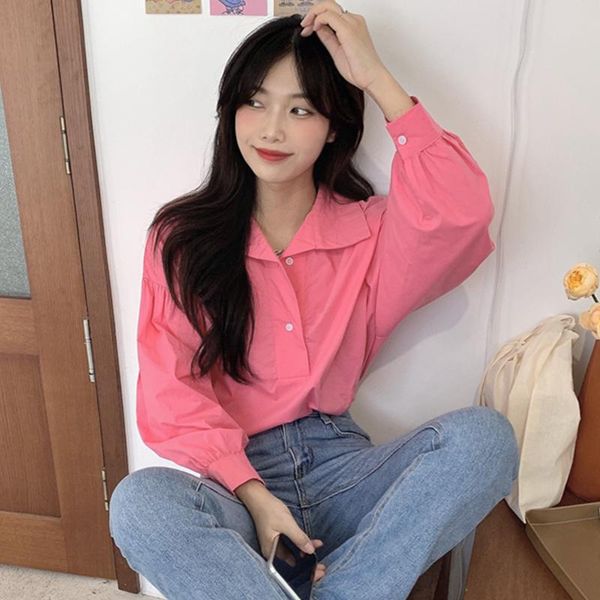 

women's blouses & shirts 2021 arrivals spring early autumn blouse shirt chic rose red latern sleeve loose bluas sweet pullovers cotton, White