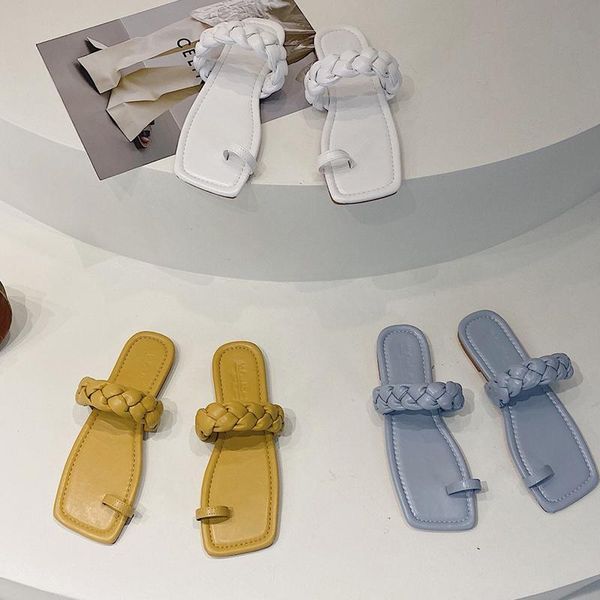 

slippers 2021 fashion weave leather slipper women clip toe soft sole shoes outdoor flats designer sandals casual beach flip flops, Black