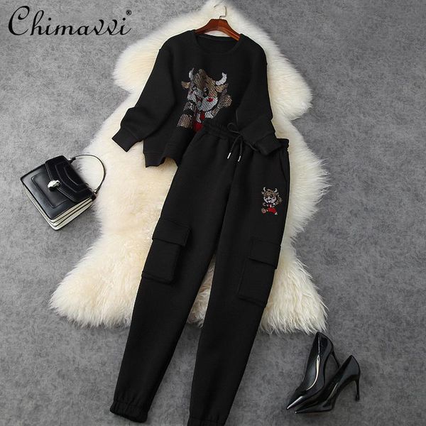 

women's two piece pants 2021 clothing fashion cartoon rhinestone loose long sleeve sweatershirt space cotton pocket jogger casual outfi, White