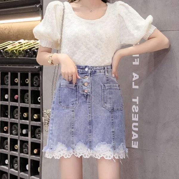 

yeen spring new fashion lace splicing denim women's korean chic versatile slim a-line short skirt, Black