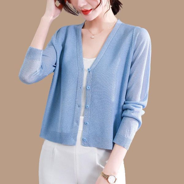 

women's knits & tees 2021 women spring summer casual thin knit cardigans female long sleeve v-neck sun protection cardigan lady vintage, White