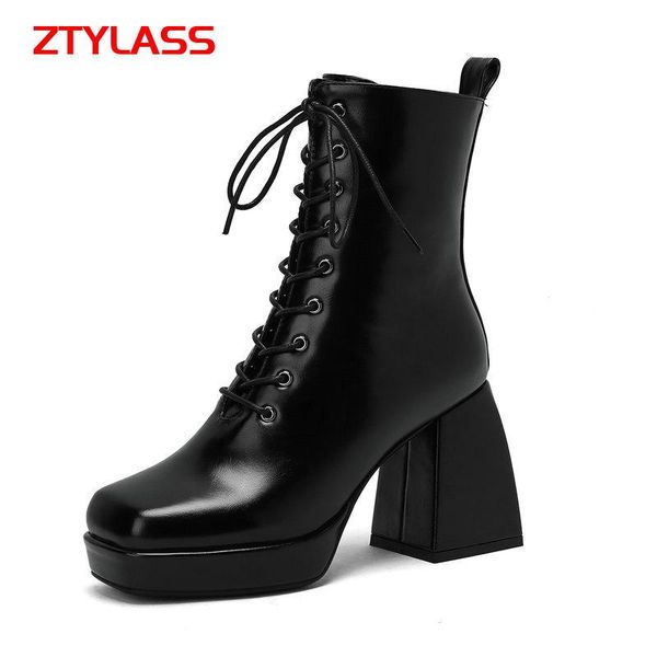 

boots black white fashion square toe platform women pu leather chunky high heel ankle autumn winter lacing woman shoes