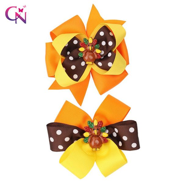 

cn 6 pcs/lots 3.5 " thanksgiving hair bows for girls kids stack dot turkey hair clips hairpins festival accessoriess, Slivery;white