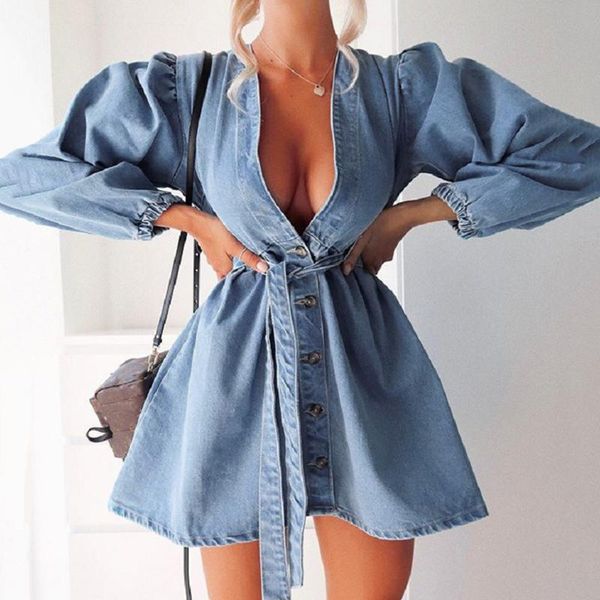 

casual dresses vintage denim mini dress women long sleeve cardigan v-neck button shirt female autumn slim sashes jeans vestidos, Black;gray
