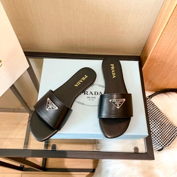 

family leather]p [high edition flat bottomed sandals triangle for tourism and holiday cj, Black