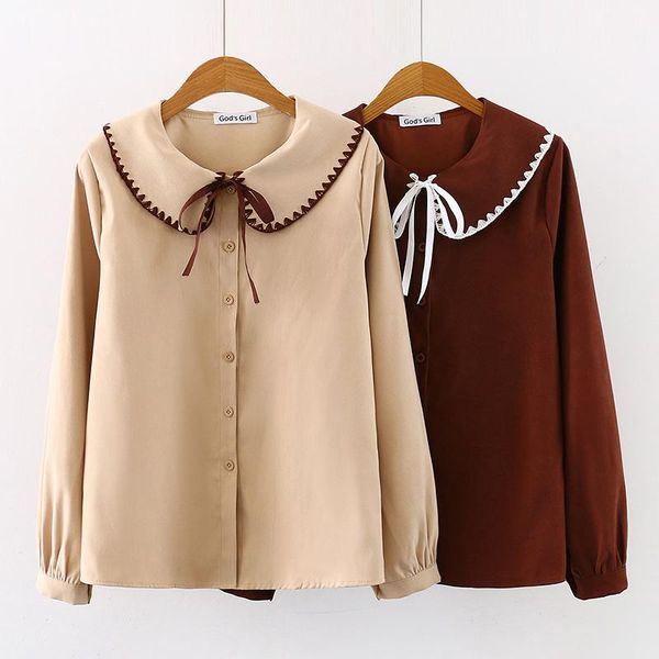

pure color shirt women 2021 autumn new french style retro round neck doll tie single breasted long sleeve bottoming women, White