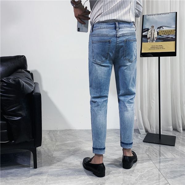 

thin new slacks stretched jeans ripped men's clothes comfortable game light blue denim streetwear pants r789