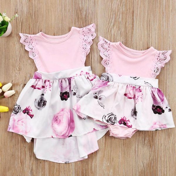 

family matching outfits cute toddler kids girl newborn baby sisters lace floral ruffles sunsuit outfit sundress clothes, White