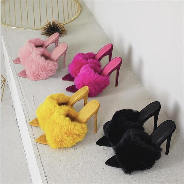 

2021 european station sandals candy color luxury fur high heel sandals slippers large women shoes size 35-43, Black