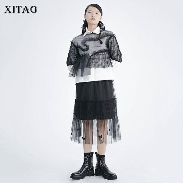 

women's blouses & shirts xitao mesh patchwork blouse fashion thin 2021 summer hollow out goddess fan casual loose shirt zll5183, White
