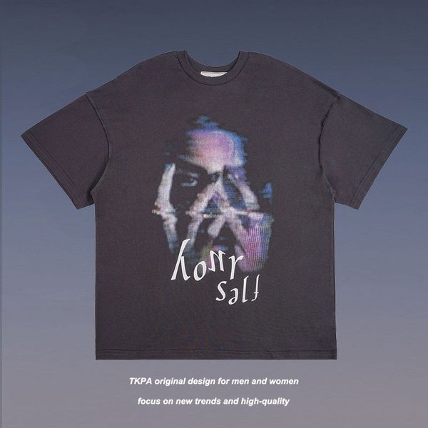 

tkpa dark high street style psychedelic portrait print short sleeve t-shirt men's fashion brand loose 5 / 5 sleeve t-shirt, White