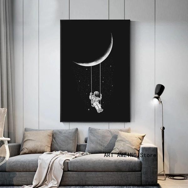 

space astronaut swinging on the moon stars canvas painting abstract poster and print wall art picture children's room home decor