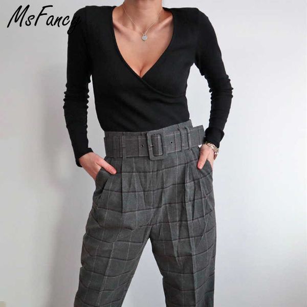 

msfancy spring plaid suit pants women high waist british style casual trousers with belt vintage femme pantalon 210604, Black;white