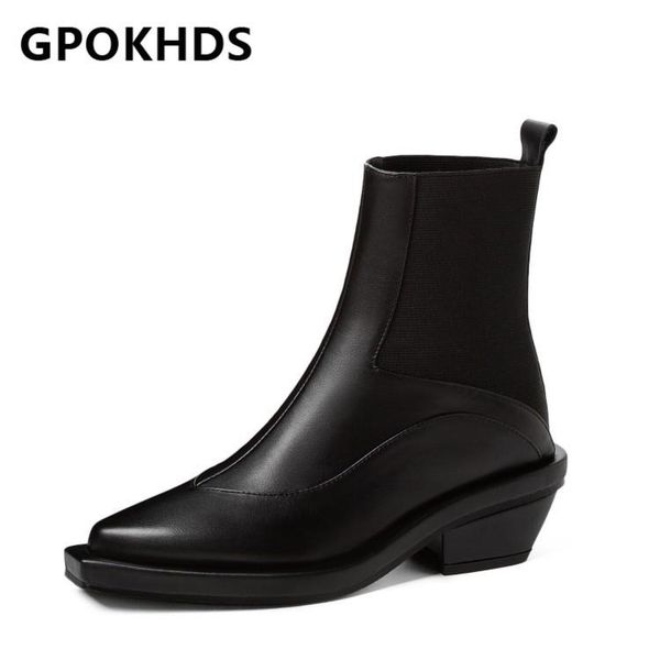 

boots gpokhds 2021 women ankle cow leather winter short plush square toe high heels female western size 39, Black