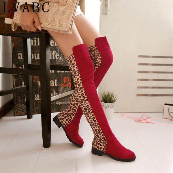 

boots women's leopard high winter long tube boot 2021 lady stylish over-the-knee low heel shoes thigh-high suede party, Black