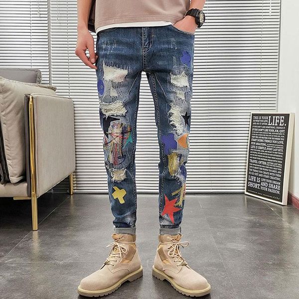 

men's jeans pencil pants streetwear elastic hip hop men embroidery patch korean style fashion designer ripped stretch, Blue