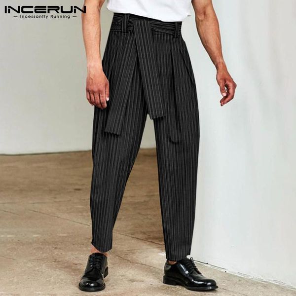 

men's pants men striped joggers streetwear loose retro casual trousers with belt zipper 2021 leisure pantalones hombre s-5xl incerun, Black
