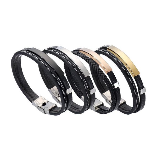 

charm bracelets fashion couples custom logo handmade woven leather double layer stainless steel bracelet, Golden;silver
