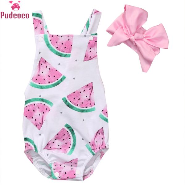 

summer cute baby girls romper jumpsuit headband watermelon printed outfits sunsuit set new 0-24m children kids clothes hot, Blue