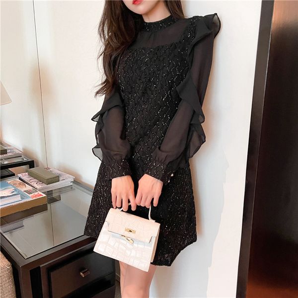 

vintage tweed black party mini spring dress knit ruff long sleeve sequins bodycon dresses feminine plus size clothes x9mk, White