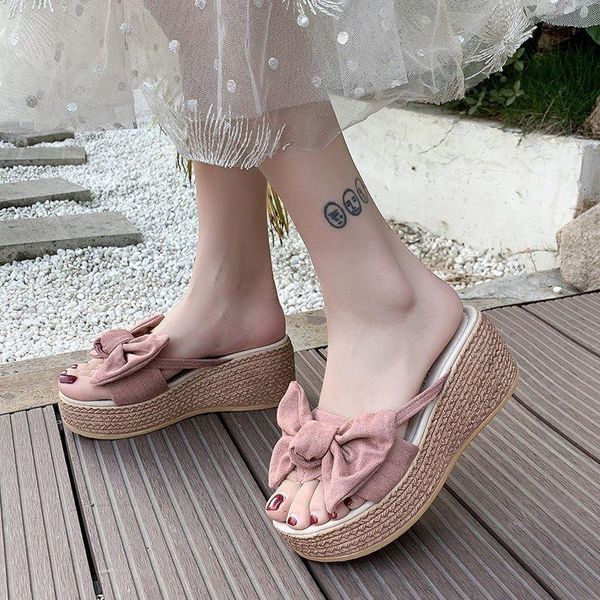 

slippers wedge heel women outer wear increased 2021 summer fashion bow thick bottom seaside vacation sandals and, Black