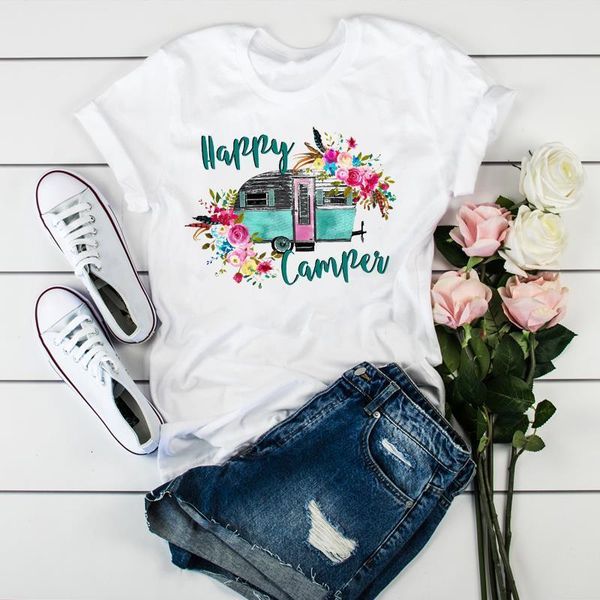 

women flower happy camper vacay holiday fashion ladies womens clothes graphic female t-shirt tumblr t shirt t-shirts, White