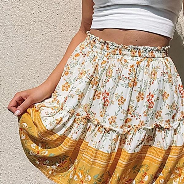 

summer bohemian skirt women casual vintage high waist floral print beach ruffled short skirt women skirts saias femininas, Black