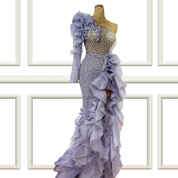 

luxury crystal prom dresses side split evening dresses dubai arabic ruffles tulle long sleeves custom made pageant gown, Black;red