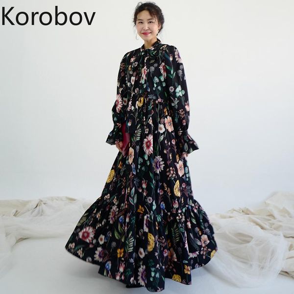 

casual dresses korobov korean chic flower print women dress vintage elegant stand collar high waist flare sleeve fashion vestidos, Black;gray