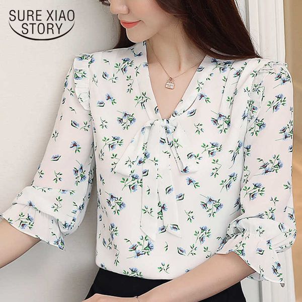 

plus size chiffon blouse women shirts flared sleeve floral shirt blusas femininas elegante womens and blouses 2890 50 210528, White