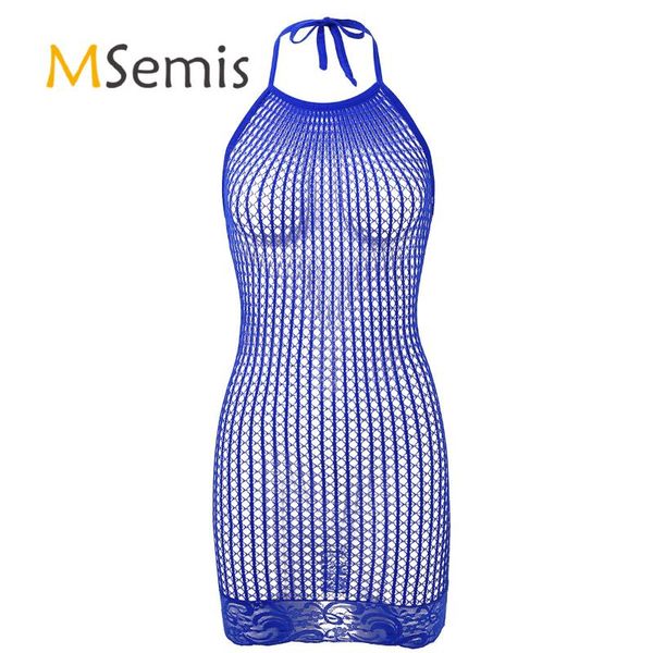 

womens erotic hollow out netted bodystockings lingerie halter neck sleeveless lace hemline bodycon mini dress nightwear