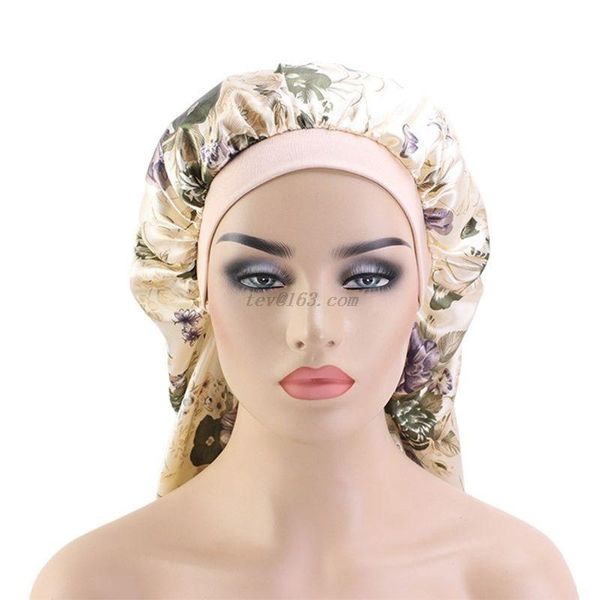 

women extra long satin bonnet sleep cap colorful floral elastic band silky night hat for curly braids dreadlocks hair, Blue;gray