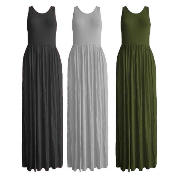 

casual dresses women daily racer back sleeveless dress summer elegant o-neck solid color pleated big hem long street holiday, Black;gray
