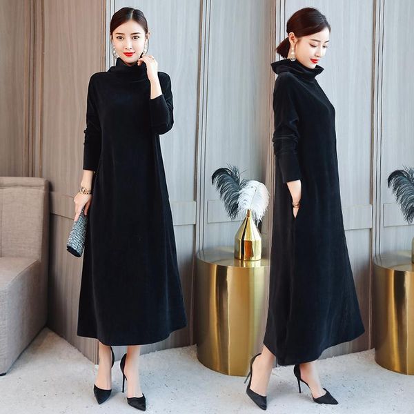 

jxmyy 2021 autumn and winter new elegant temperament striped velvet long sleeve high neck dress, Black;gray