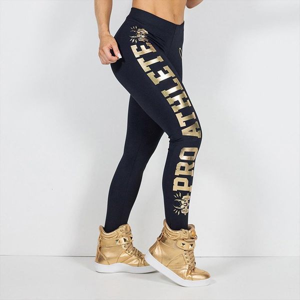 

golden letter printing long black womens pants sports gym running fitness mid waist elastic trouser pantaloni donna, Black;white