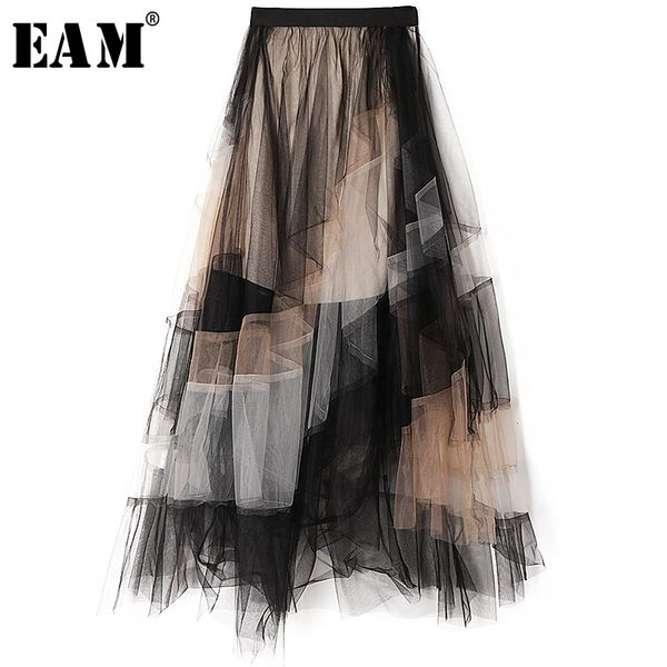 

[eam] high elastic waist contrast color mesh split temperament half-body skirt women fashion tide new spring autumn 2021 1s444 210303, Black