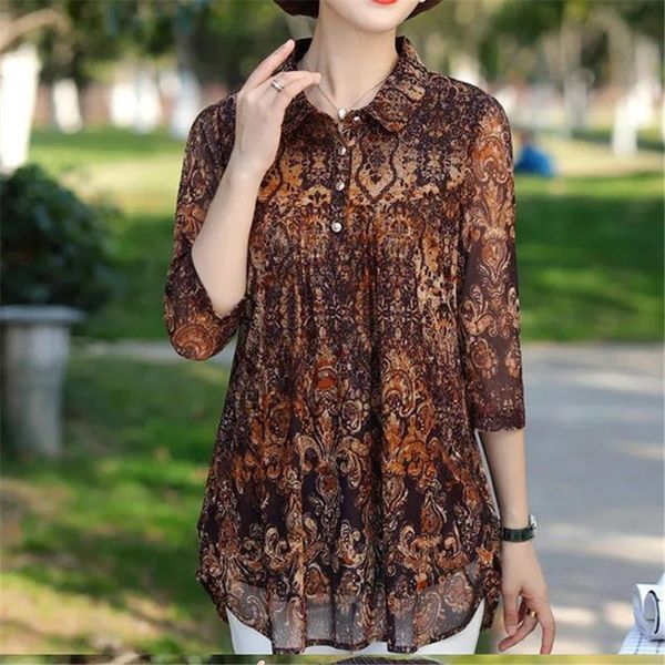 

women's blouses & shirts print floral chiffon dress for summer thin turton-button five-quarter middle sleeves.medium - length mesh shir, White